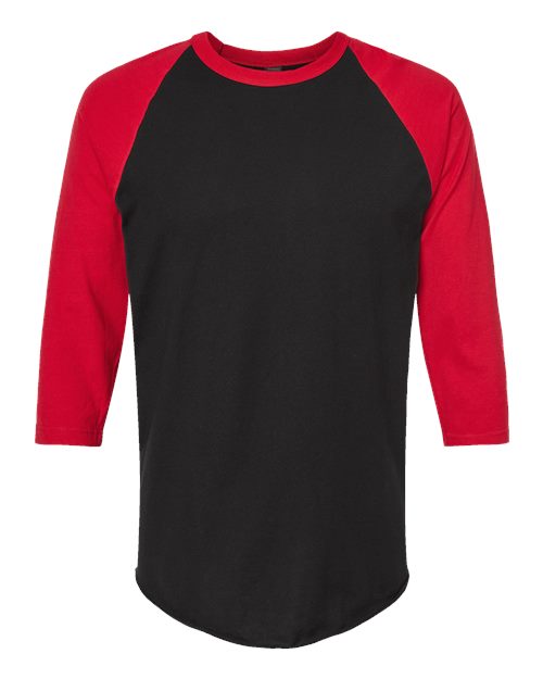 Unisex Fine Jersey Raglan T-Shirt - Black/ Red Front