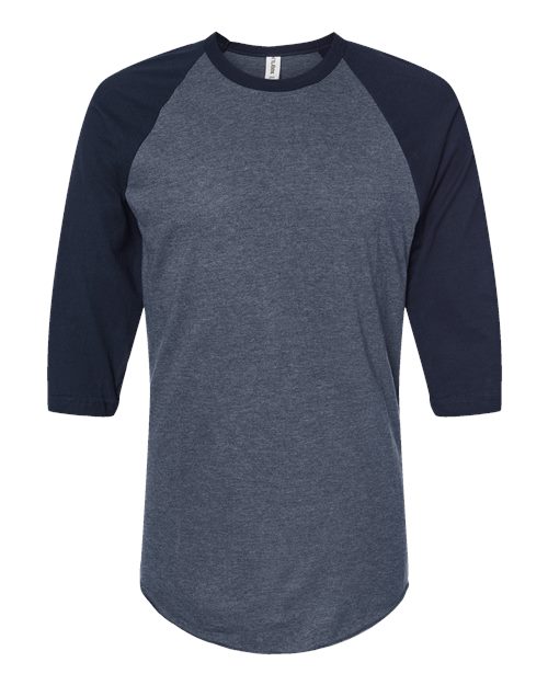 Unisex Fine Jersey Raglan T-Shirt - Heather Denim/ Navy Front