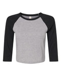 BELLA + CANVAS Women's Micro Rib Three-Quarter Raglan Sleeve Baby Tee - Athletic Heather/ Black Front