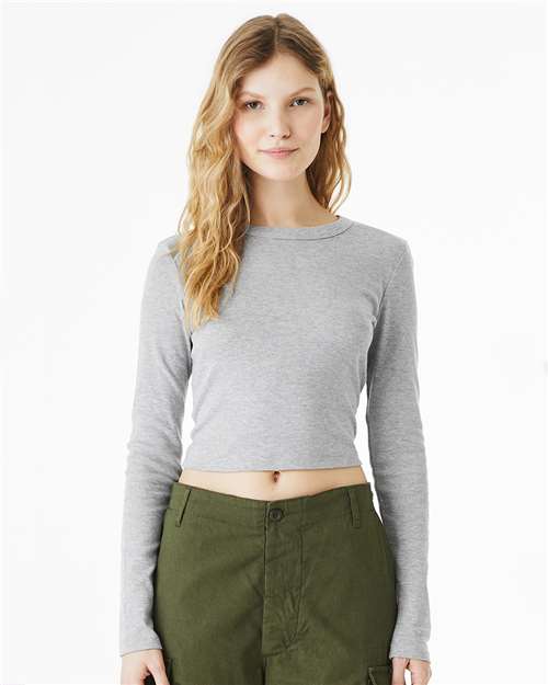 BELLA + CANVAS Women's Micro Rib Long Sleeve Baby Tee - Model Front