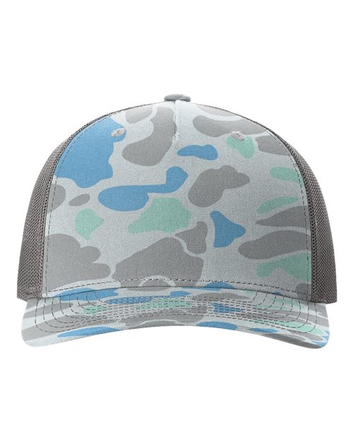 Richardson Printed Five-Panel Trucker Cap - Saltwater Duck Camo/ Charcoal Front
