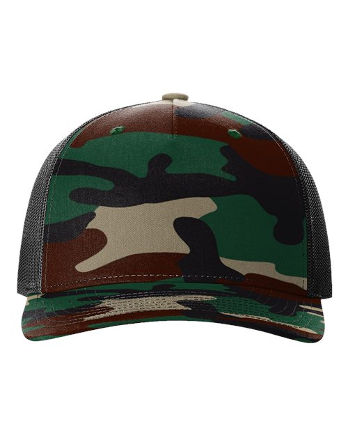 Richardson Printed Five-Panel Trucker Cap - Green Camo/ Black Front