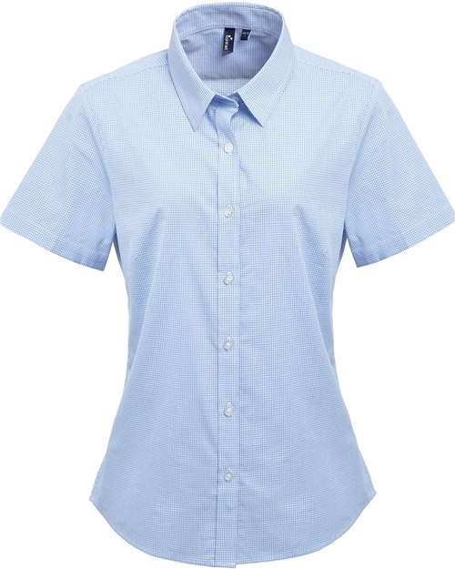 Artisan Collection by Reprime Women's Microcheck Gingham Short Sleeve Cotton Dress Shirt - Light Blue/ White Front