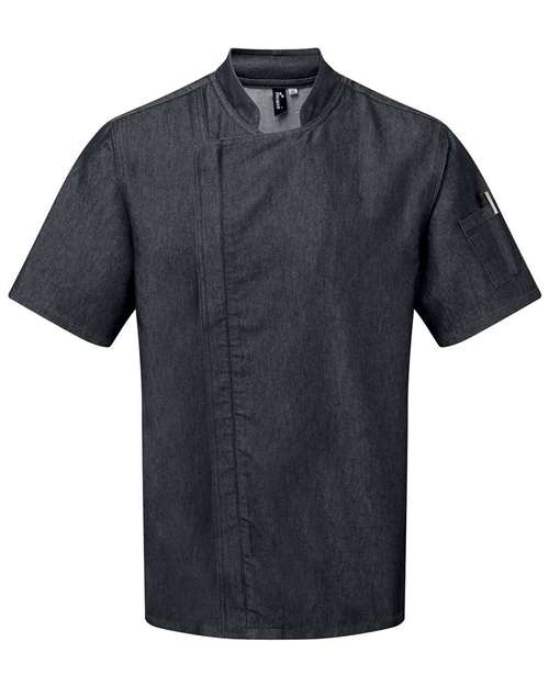 Artisan Collection by Reprime Unisex Zip-Close Short Sleeve Chef's Coat - Black Denim Front