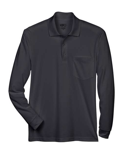 CORE365 Men's Pinnacle Performance Long Sleeve Piqué Polo with Pocket - Black Front