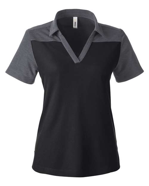 CORE365 Women's Fusion ChromaSoft™ Colorblock Polo - Black/ Carbon Heather Front
