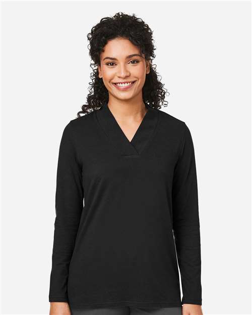 Devon & Jones Women's Raleigh Shawl Collar Knit Top - Model Front