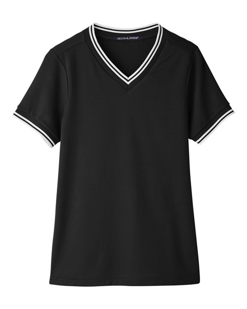 Devon & Jones Women's CrownLux Performance® Plaited Tipped V-Neck Shirt - Black/ White Front