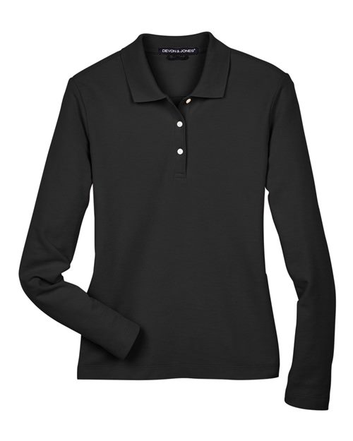 Devon & Jones Women's Pima Piqué Long Sleeve Polo - Black Front