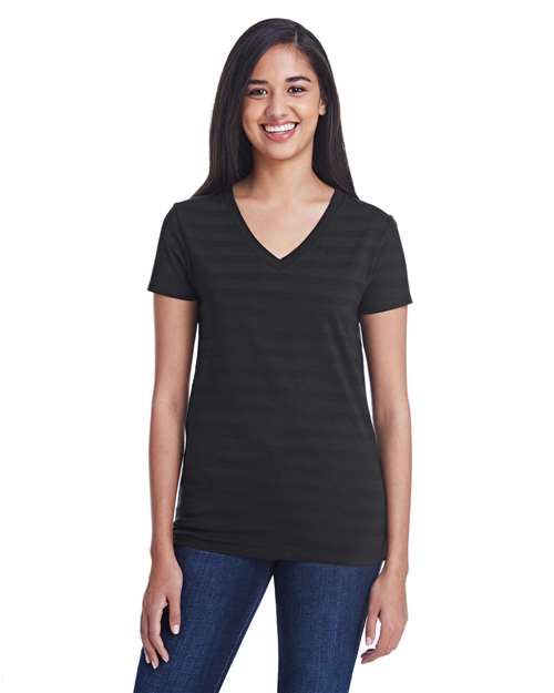 Threadfast Apparel Women's Invisible Stripe V-Neck T-Shirt - Model Front
