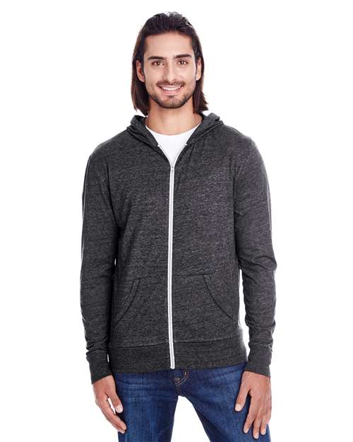 Threadfast Apparel Unisex Triblend Full-Zip Lightweight Hooded Sweatshirt - Model Front