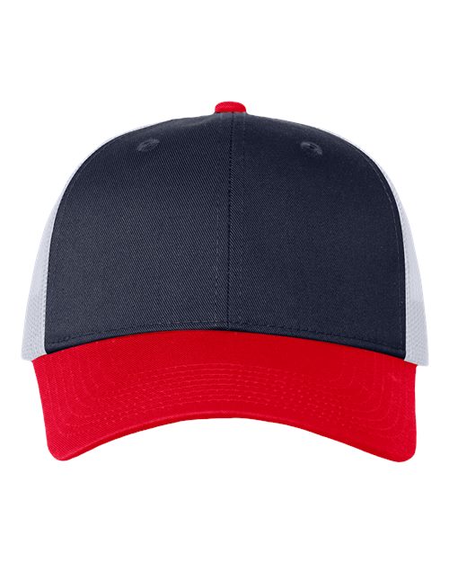 Mesh-Back Twill Trucker Cap - Navy/ White/ Red Front