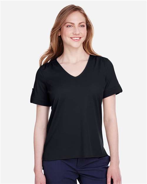 Devon & Jones Women's CrownLux Performance® Plaited Rolled Sleeve Shirt - Model Front
