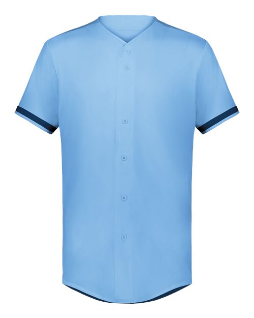 Augusta Sportswear Unisex Full Button Baseball Jersey - Columbia Blue/ Navy Front
