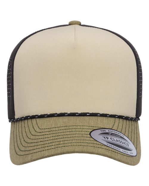 YP Classics Five-Panel Perforated Rope Cap - Beige/ Black/ Loden Green Front