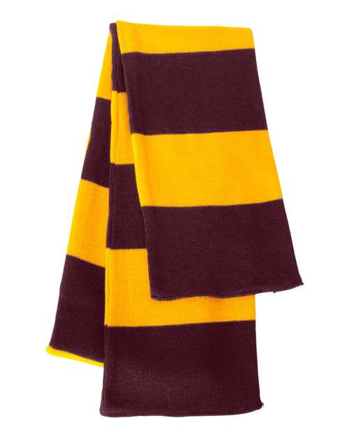 Sportsman Rugby-Striped Knit Scarf - Maroon/ Gold Front