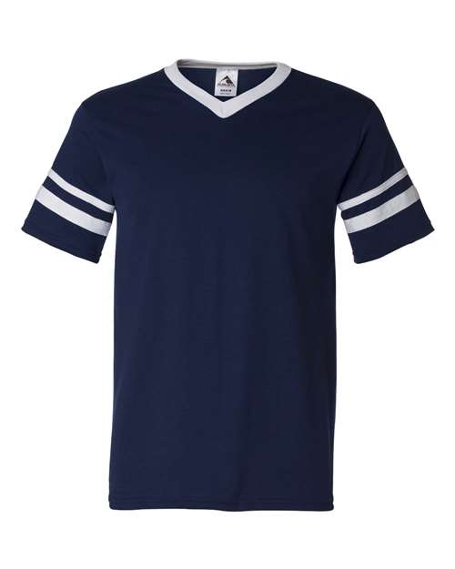 Augusta Sportswear V-Neck Jersey with Striped Sleeves - Navy/ White Front