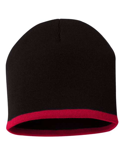 Sportsman 8" Bottom-Striped Beanie - Black/ Red Front