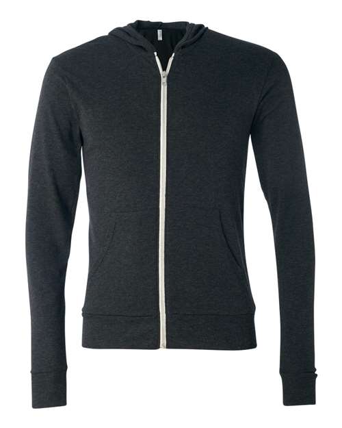 BELLA + CANVAS Unisex Triblend Lightweight Full-Zip Hooded Long Sleeve Tee - Charcoal Black Triblend Front