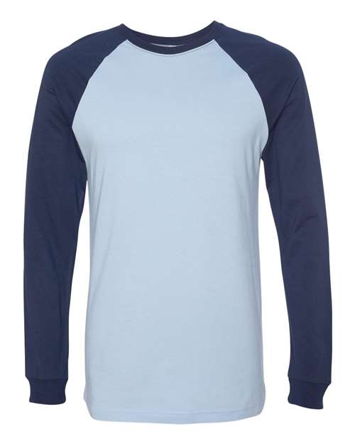 BELLA + CANVAS Men's Long Sleeve Jersey Baseball Tee - Baby Blue/ Navy Front
