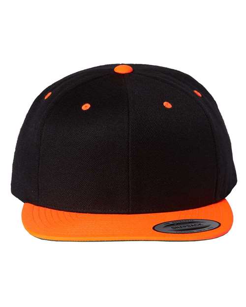 Premium Flat Bill Snapback Cap - Black/ Neon Orange Front
