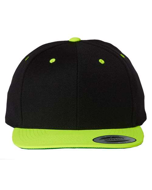 Premium Flat Bill Snapback Cap - Black/ Neon Green Front