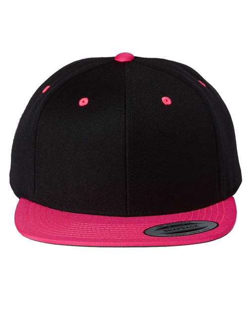 Premium Flat Bill Snapback Cap - Black/ Neon Pink Front