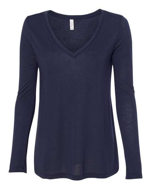 BELLA + CANVAS Women's Flowy Long Sleeve V-Neck Tee - Midnight Front
