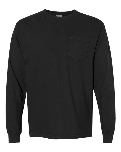 Unisex Garment-Dyed Heavyweight Long Sleeve Pocket T-Shirt - Black Front