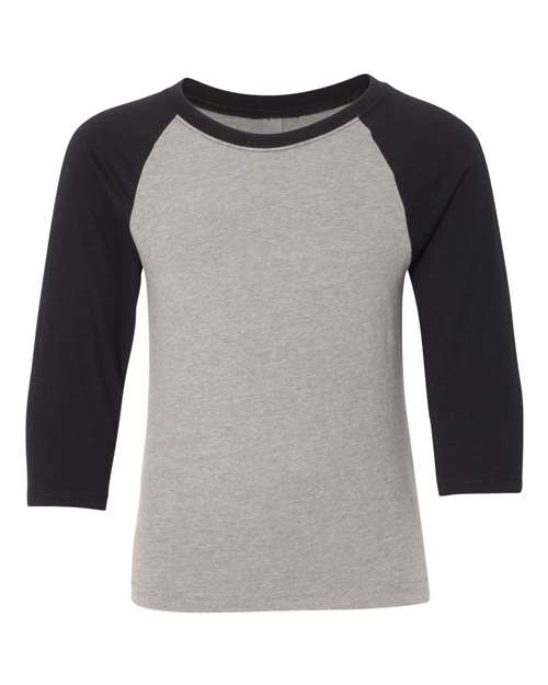 Next Level Youth CVC Three-Quarter Sleeve Raglan Tee - Black Sleeves/ Dark Heather Grey Body Front