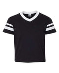 Augusta Sportswear Youth V-Neck Jersey with Striped Sleeves - Black/ White Front
