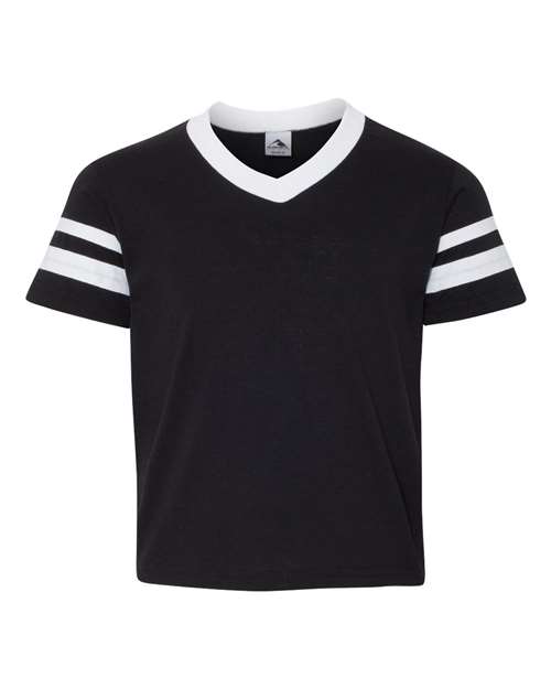 Augusta Sportswear Youth V-Neck Jersey with Striped Sleeves - Black/ White Front