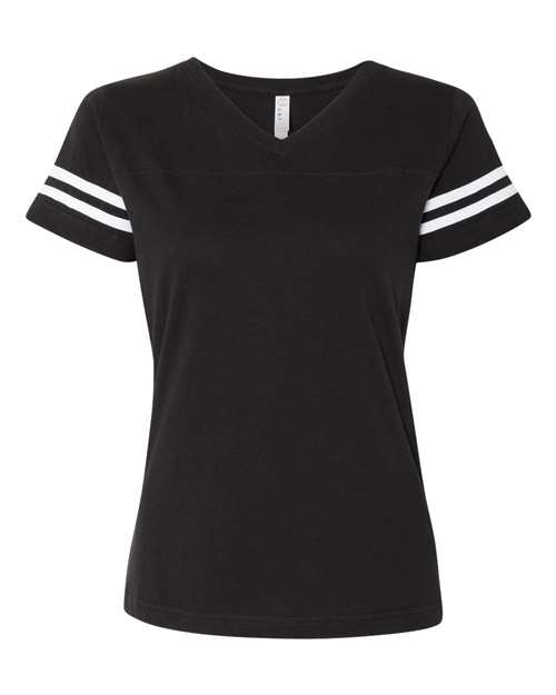 LAT Women's Football V-Neck Fine Jersey Tee - Black Solid/ White Front