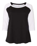 LAT Women's Curvy Collection Baseball Three-Quarter Sleeve Tee - Black/ White Front