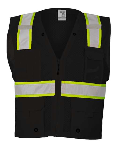 Kishigo Unisex EV Series® Enhanced Visibility Multi-Pocket Mesh Vest - Black/ Lime - B100 Front