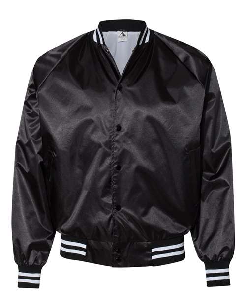 Augusta Sportswear Unisex Satin Baseball Jacket Striped Trim - Black/ White Front