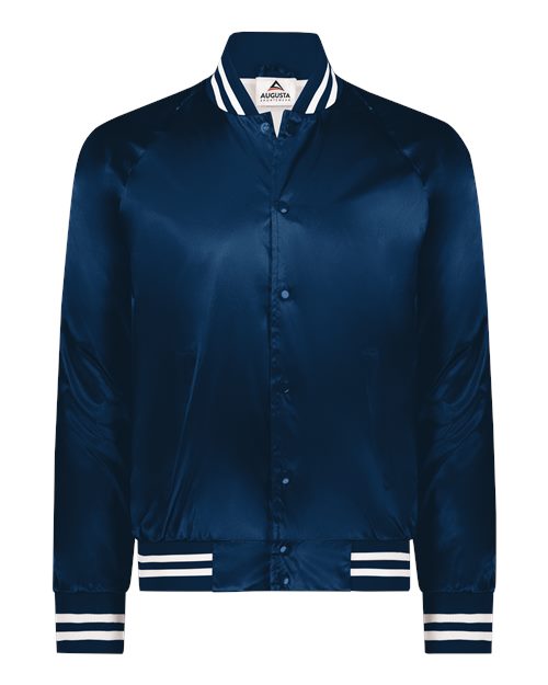 Augusta Sportswear Unisex Satin Baseball Jacket Striped Trim - Navy/ White Front