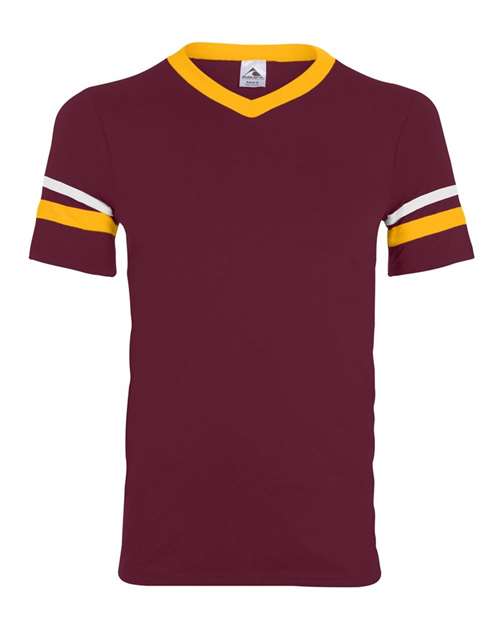 Augusta Sportswear V-Neck Jersey with Striped Sleeves - Maroon/ Gold/ White Front
