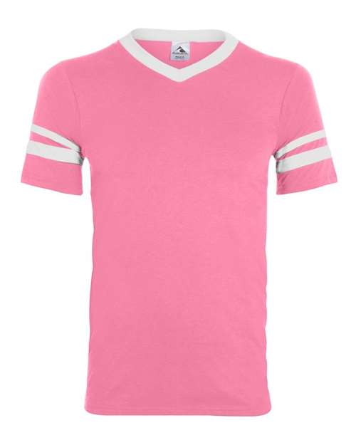 Augusta Sportswear V-Neck Jersey with Striped Sleeves - Pink/ White Front