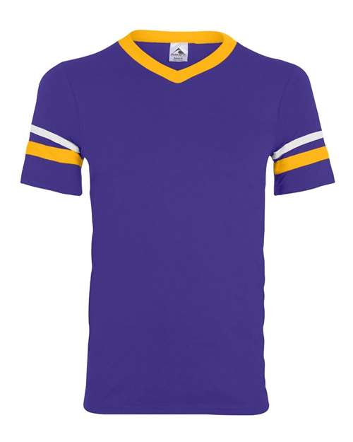 Augusta Sportswear V-Neck Jersey with Striped Sleeves - Purple/ Gold/ White Front