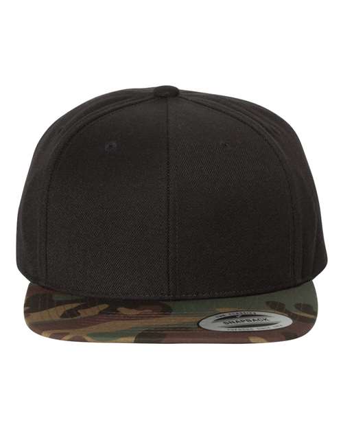 Premium Flat Bill Snapback Cap - Black/ Camo Front