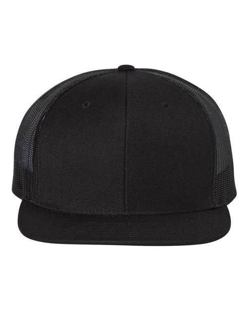 Richardson Wool Blend Flat Bill Trucker Cap - Black/ Black Front
