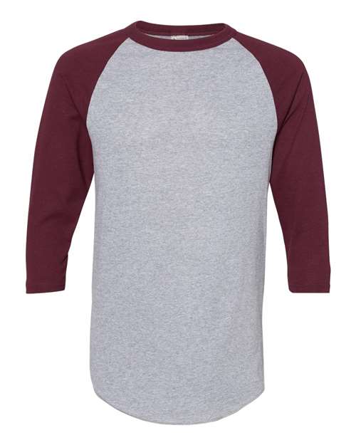Augusta Sportswear Unisex Three-Quarter Raglan Sleeve Baseball Jersey T-Shirt - Athletic Heather/ Maroon Front