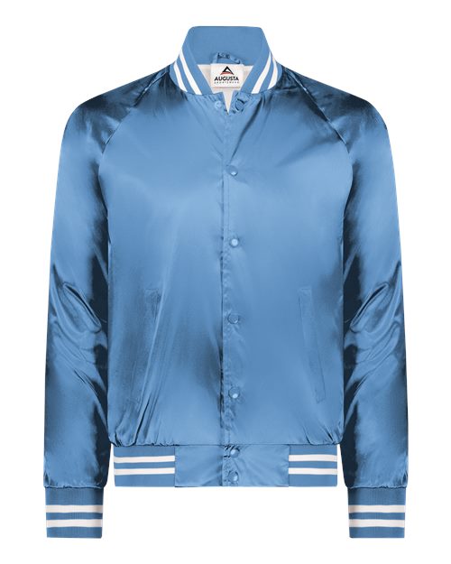Augusta Sportswear Unisex Satin Baseball Jacket Striped Trim - Columbia Blue/ White Front