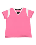 LAT Women's Curvy Lace Up Fine Jersey Tee - Hot Pink/ White/ Black Front