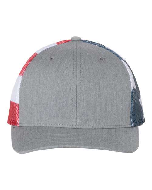 Richardson Printed Mesh Trucker Cap - Heather Grey/ Stars & Stripes Front