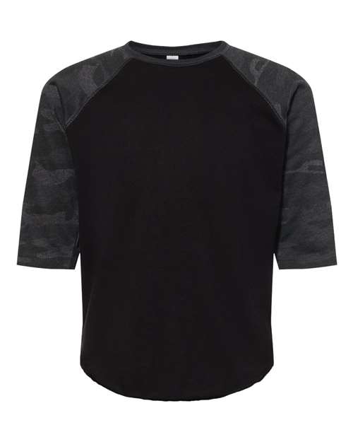 LAT Youth Baseball Fine Jersey Three-Quarter Sleeve Tee - Black/ Storm Camo Front