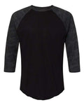 LAT Unisex Baseball Fine Jersey Three-Quarter Sleeve Tee - Black/ Storm Camo Front