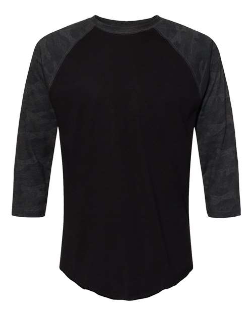 LAT Unisex Baseball Fine Jersey Three-Quarter Sleeve Tee - Black/ Storm Camo Front
