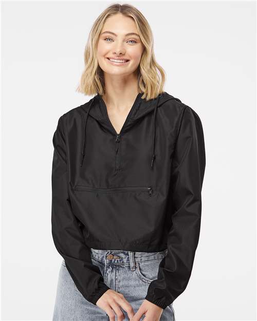 Independent Trading Co. Women's Lightweight Quarter-Zip Pullover Crop Windbreaker - Model Front